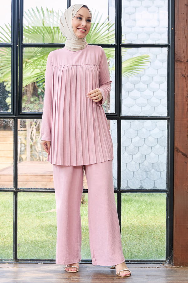 Düz Bisiklet Yaka Kadın Pembe Tunik Pantolon - 10521