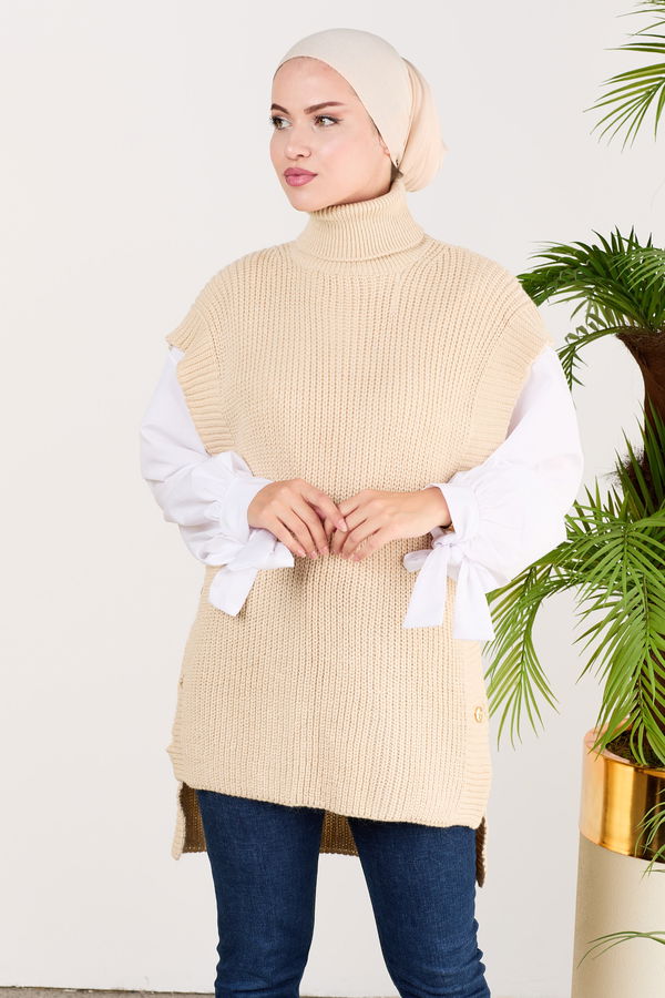 Düz Orta Kadın Bej Panço - 21486