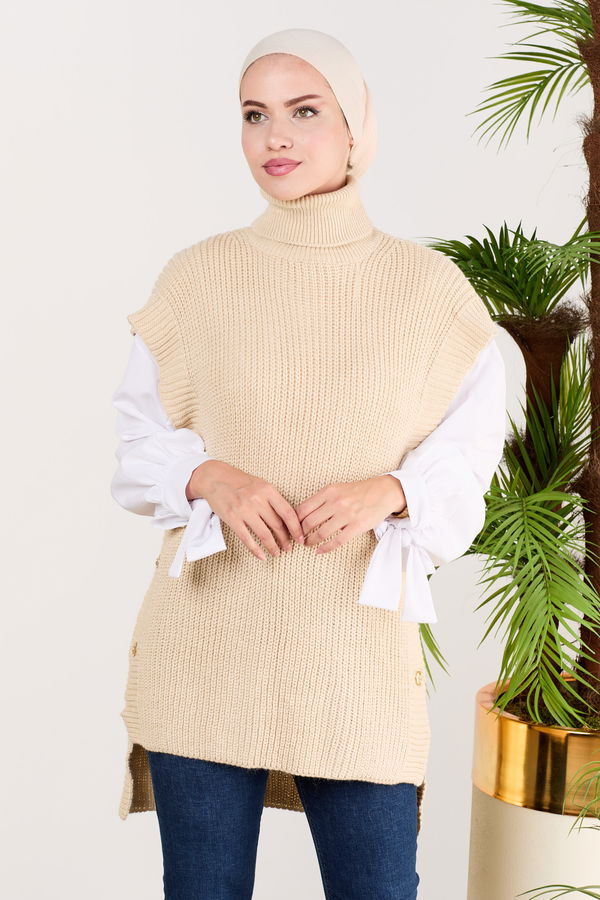 Düz Orta Kadın Bej Panço - 21486