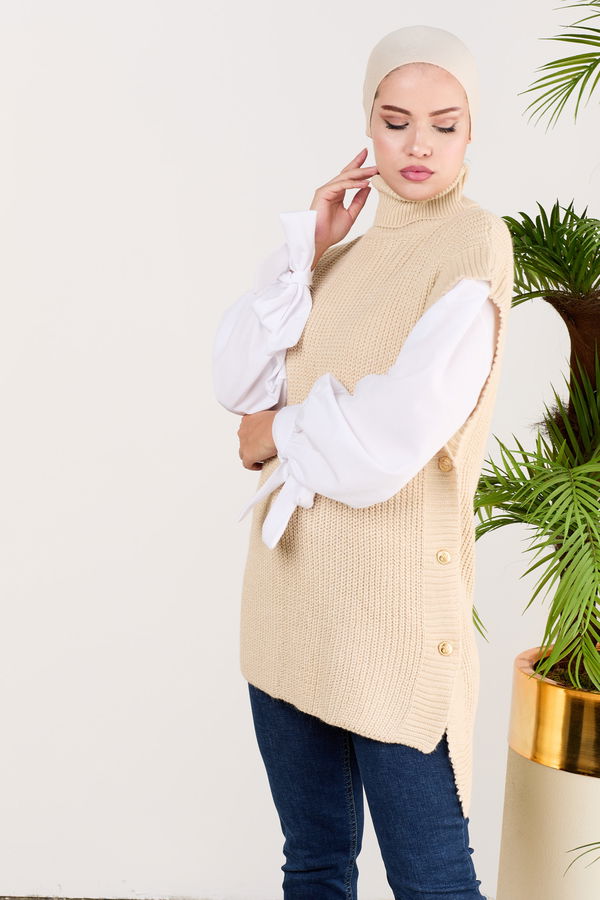 Düz Orta Kadın Bej Panço - 21486