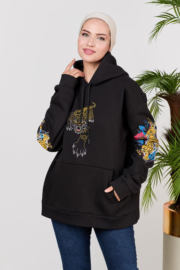 Düz Orta Kadın Siyah sweat - 21525