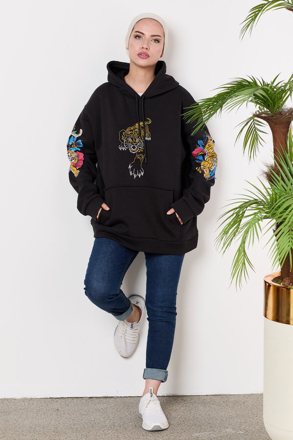 Düz Orta Kadın Siyah sweat - 21525