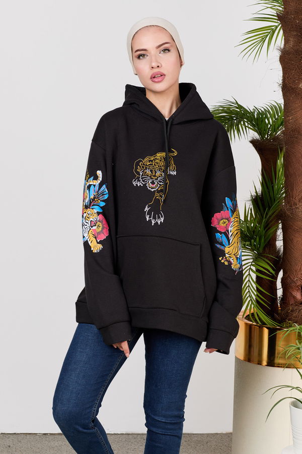 Düz Orta Kadın Siyah sweat - 21525