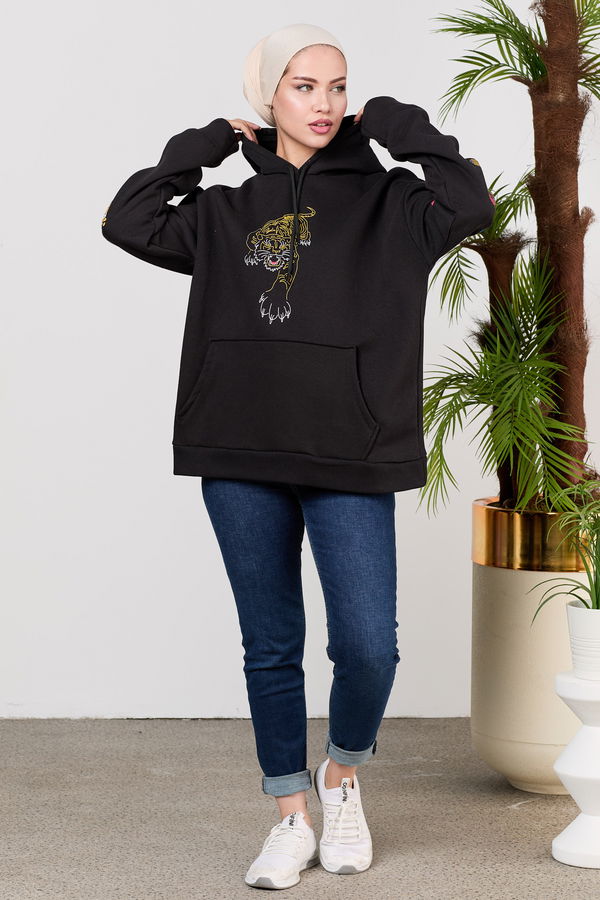 Düz Orta Kadın Siyah sweat - 21525
