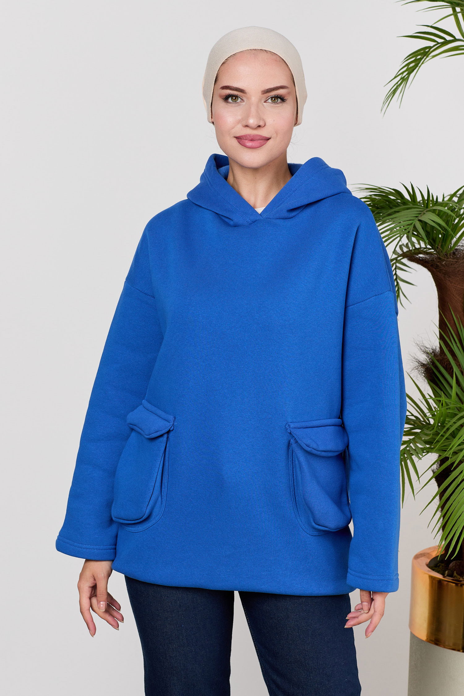 Düz Orta Kadın Mavi Kapsonlu Sweat - 21526 MAVİ