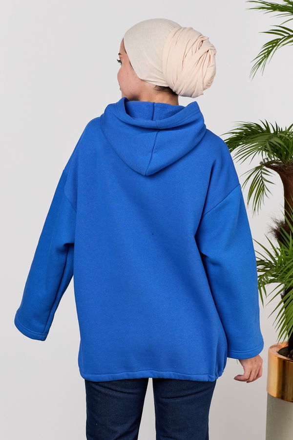 Düz Orta Kadın Mavi Kapsonlu Sweat - 21526 MAVİ