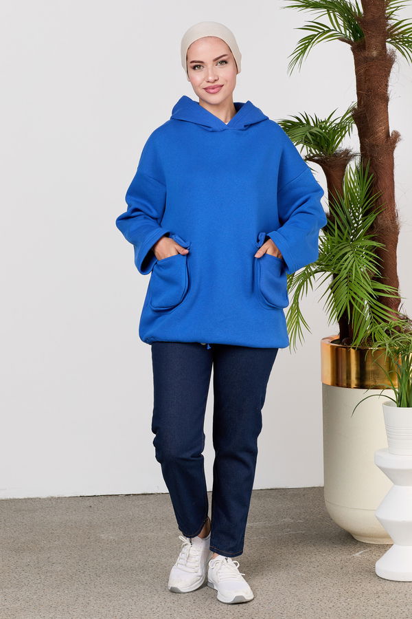 Düz Orta Kadın Mavi Kapsonlu Sweat - 21526 MAVİ