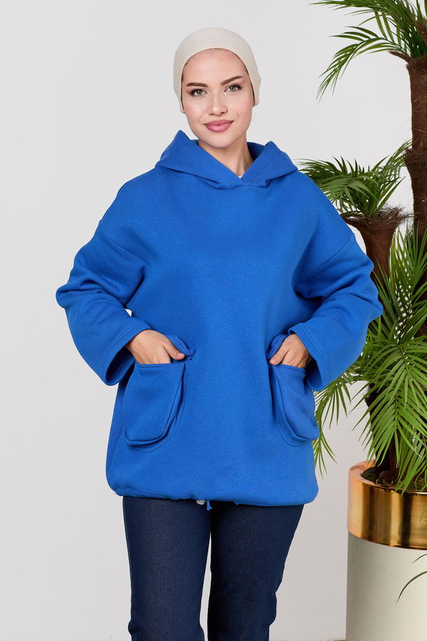 Düz Orta Kadın Mavi Kapsonlu Sweat - 21526 MAVİ