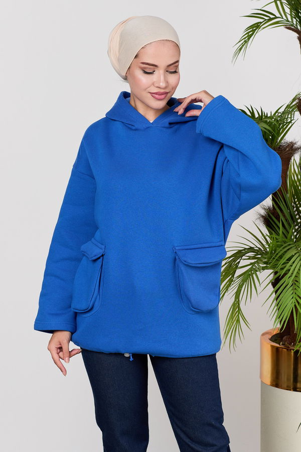 Düz Orta Kadın Mavi Kapsonlu Sweat - 21526 MAVİ