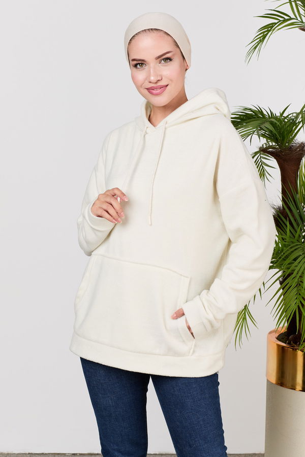 Düz Orta Kadın Ekru Kapsonlu Sweat - 21527