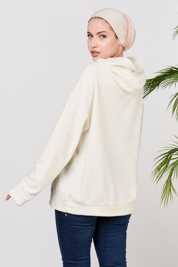 Düz Orta Kadın Ekru Kapsonlu Sweat - 21527