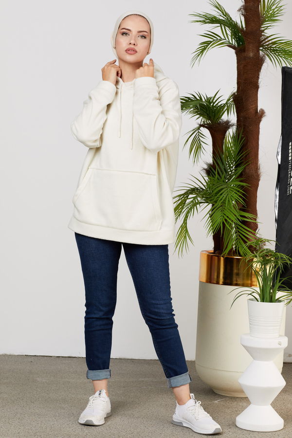 Düz Orta Kadın Ekru Kapsonlu Sweat - 21527