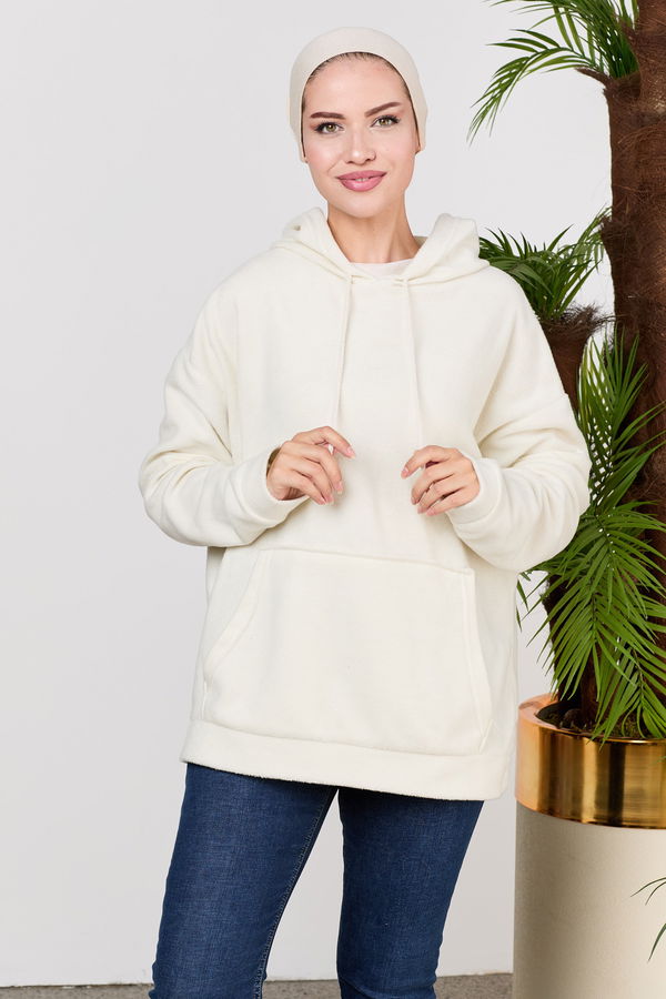 Düz Orta Kadın Ekru Kapsonlu Sweat - 21527