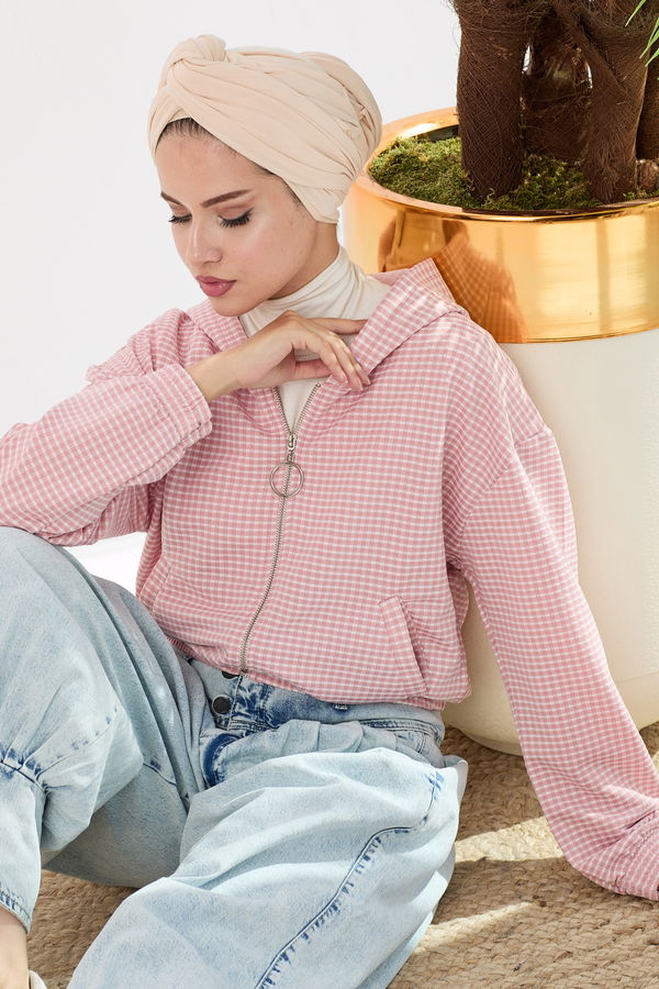 Düz Orta Kadın Pembe Kapsonlu Sweat - 21434 PEMBE