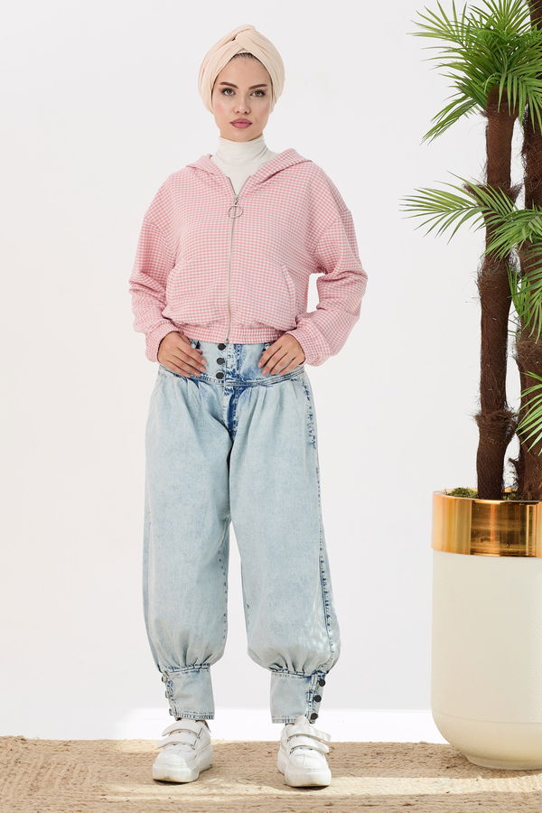 Düz Orta Kadın Pembe Kapsonlu Sweat - 21434 PEMBE