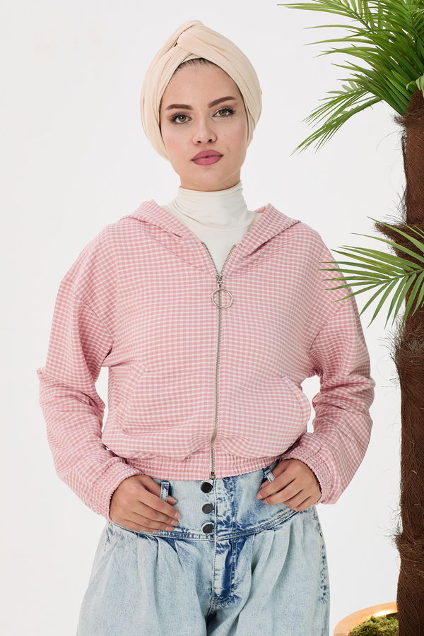 Düz Orta Kadın Pembe Kapsonlu Sweat - 21434 PEMBE