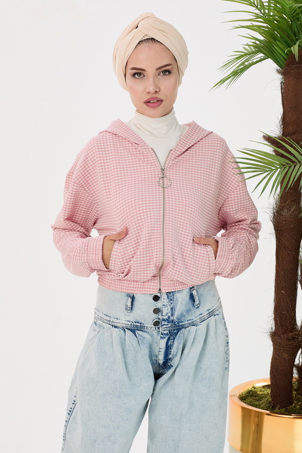 Düz Orta Kadın Pembe Kapsonlu Sweat - 21434 PEMBE