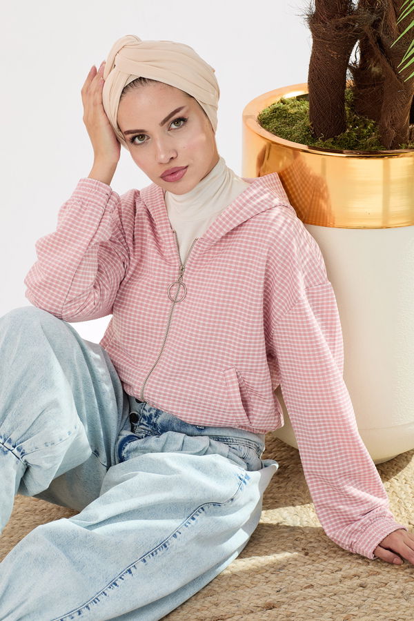 Düz Orta Kadın Pembe Kapsonlu Sweat - 21434 PEMBE