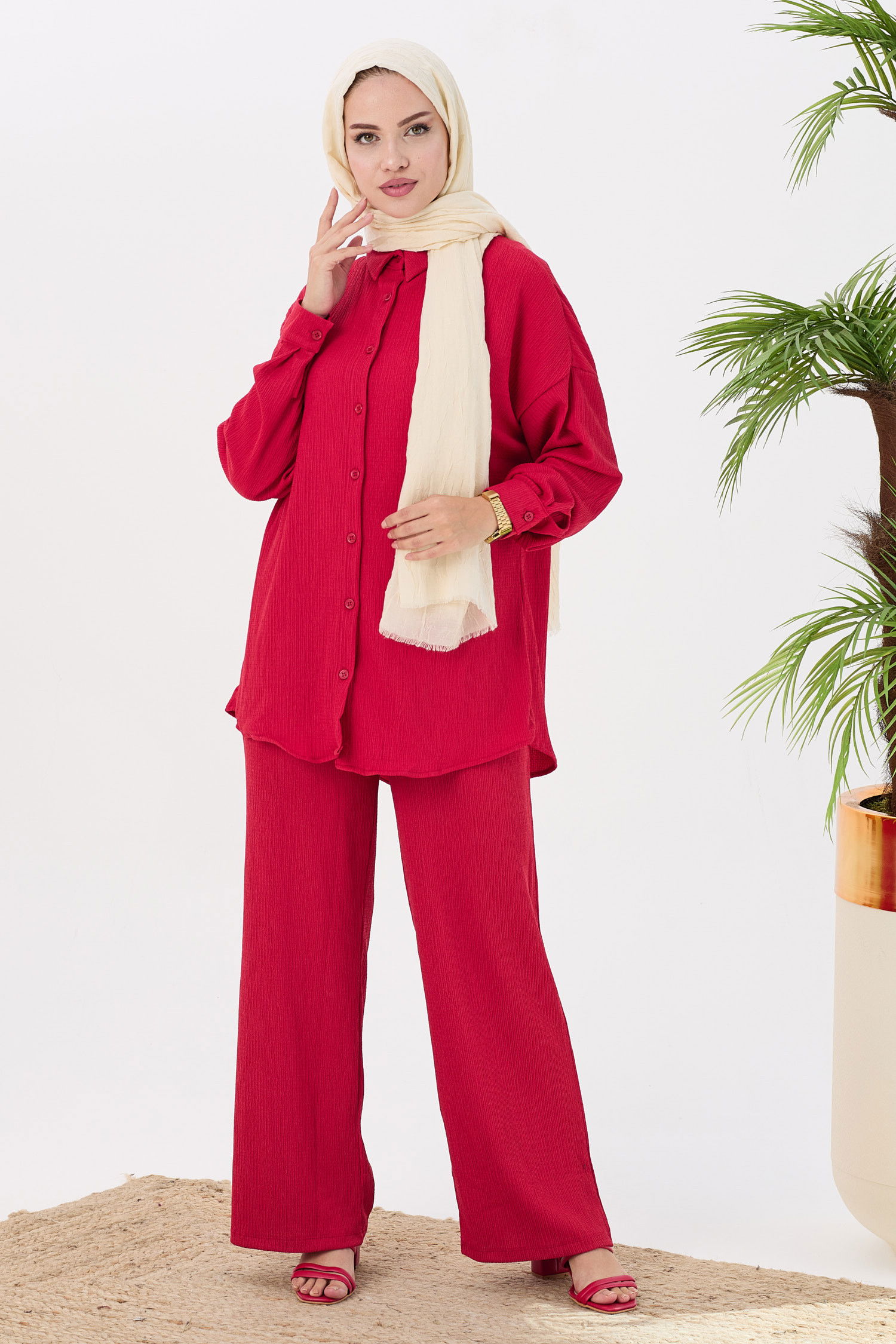Düz Orta Kadın Kırmızı Tunik Pantolon - 21532 Kırmızı