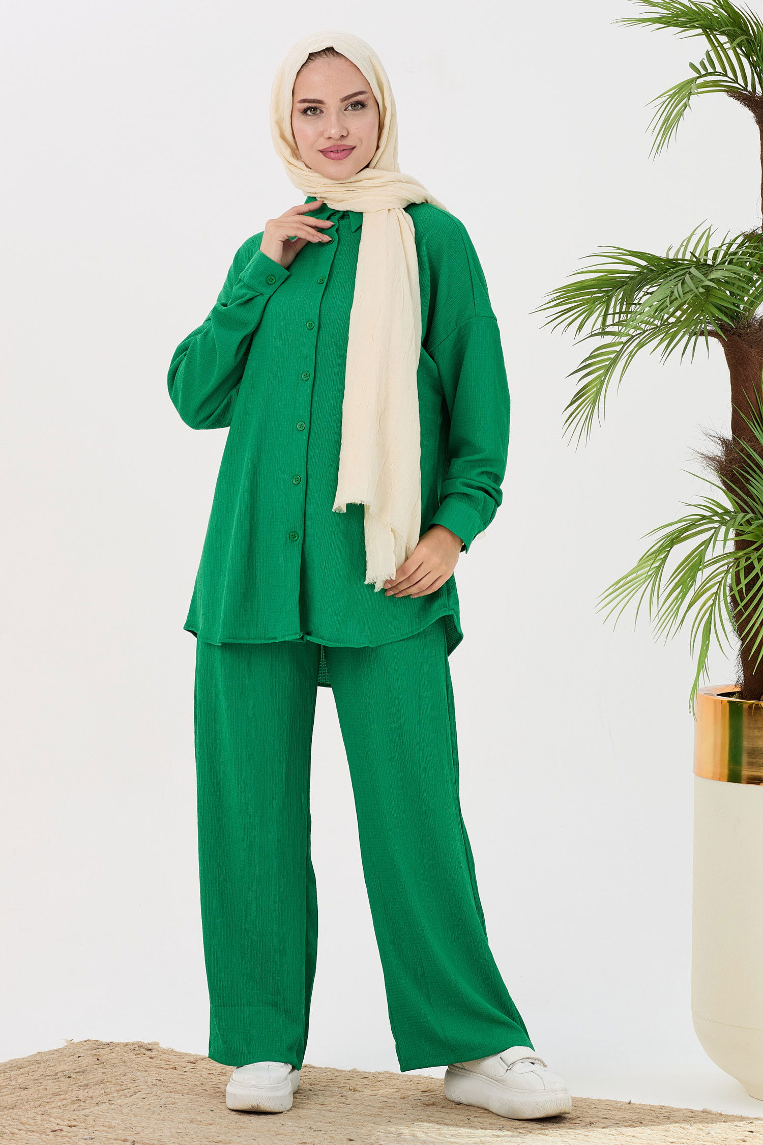 Düz Orta Kadın Yeşil Tunik Pantolon - 21532