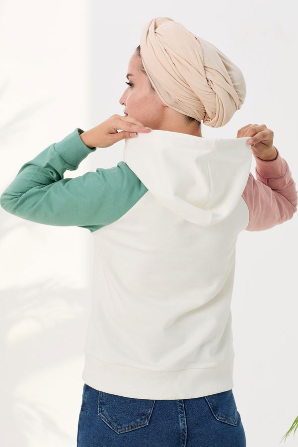 Düz Orta Kadın Beyaz Kapsonlu Sweat - 21429