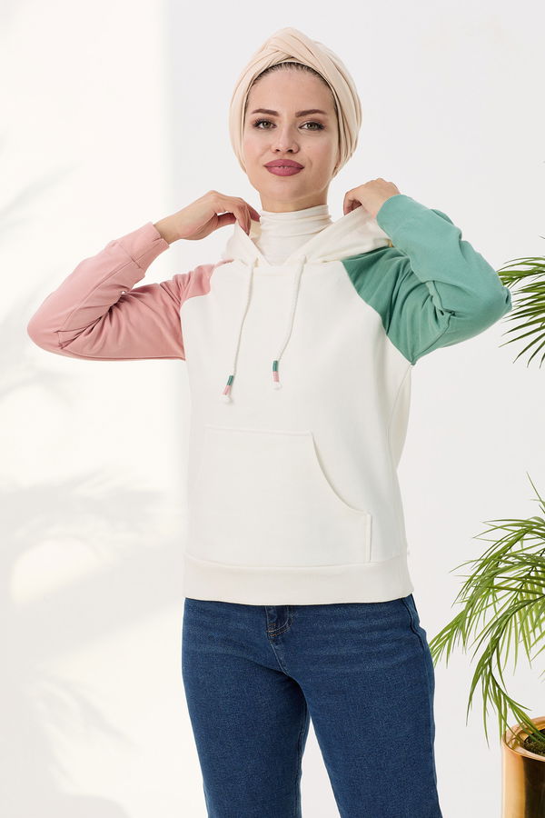 Düz Orta Kadın Beyaz Kapsonlu Sweat - 21429