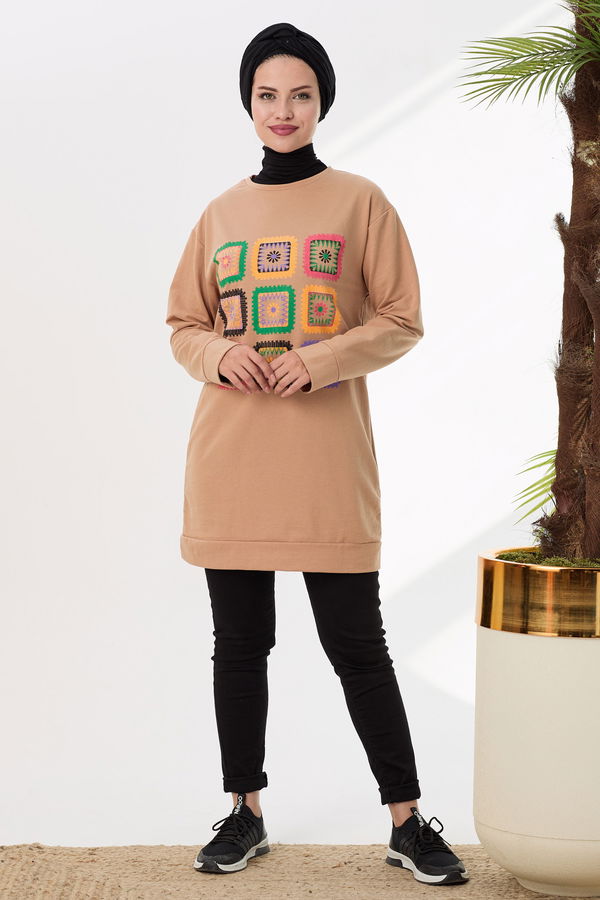 Düz Orta Kadın Vizon Sweat - 21511 VİZON