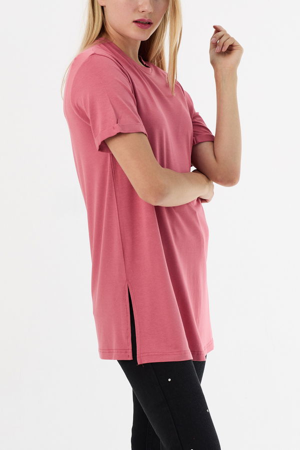 Düz Bisiklet Yaka Kadın Pembe Basic T-shirt  - 10806