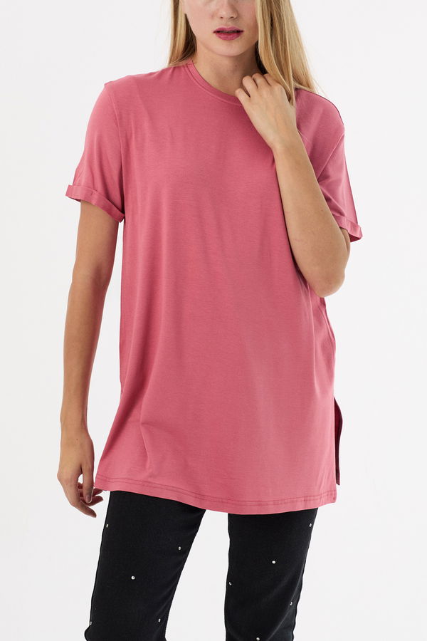 Düz Bisiklet Yaka Kadın Pembe Basic T-shirt  - 10806