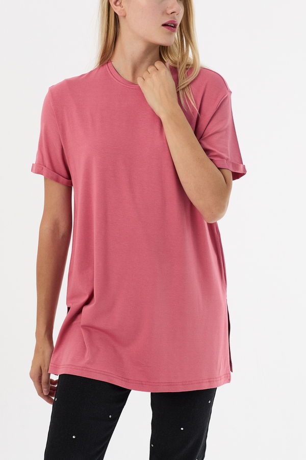 Düz Bisiklet Yaka Kadın Pembe Basic T-shirt  - 10806
