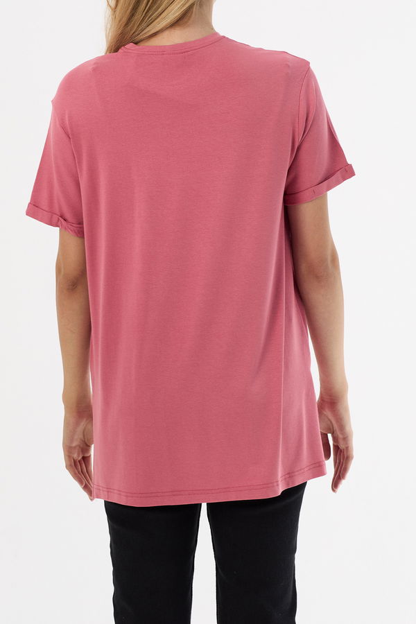 Düz Bisiklet Yaka Kadın Pembe Basic T-shirt  - 10806