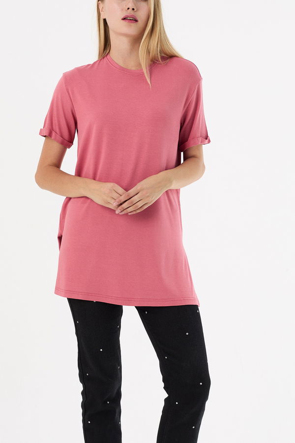 Düz Bisiklet Yaka Kadın Pembe Basic T-shirt  - 10806