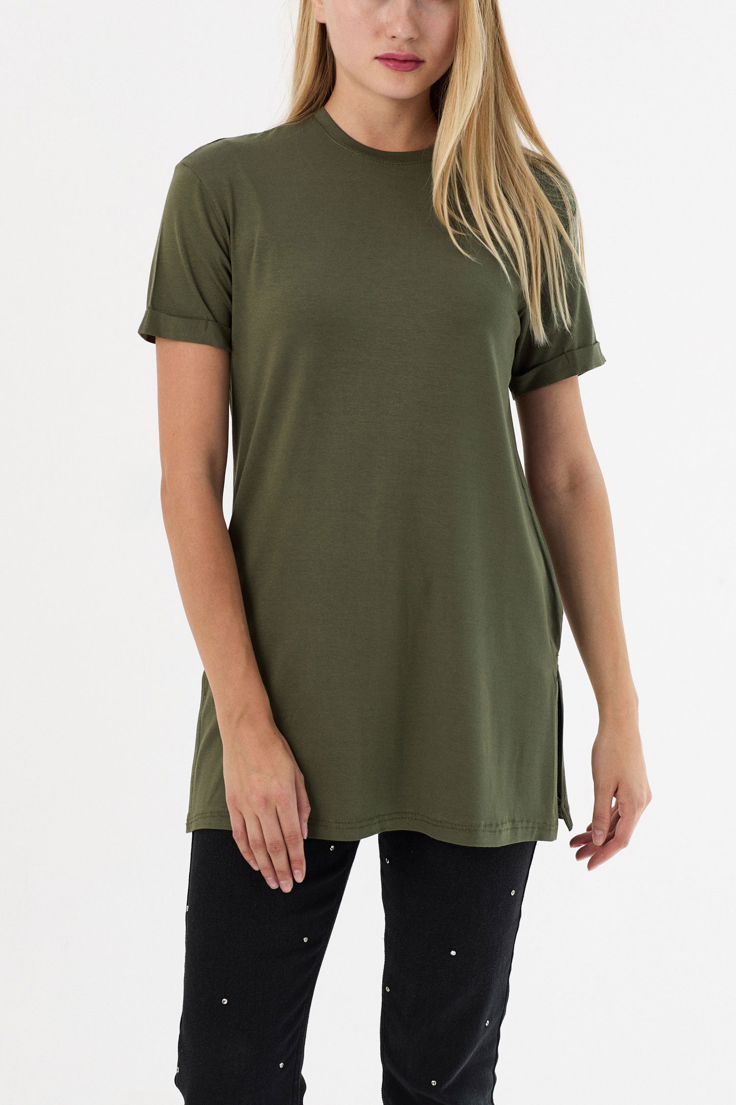 Düz Bisiklet Yaka Kadın Haki Basic T-shirt  - 10806