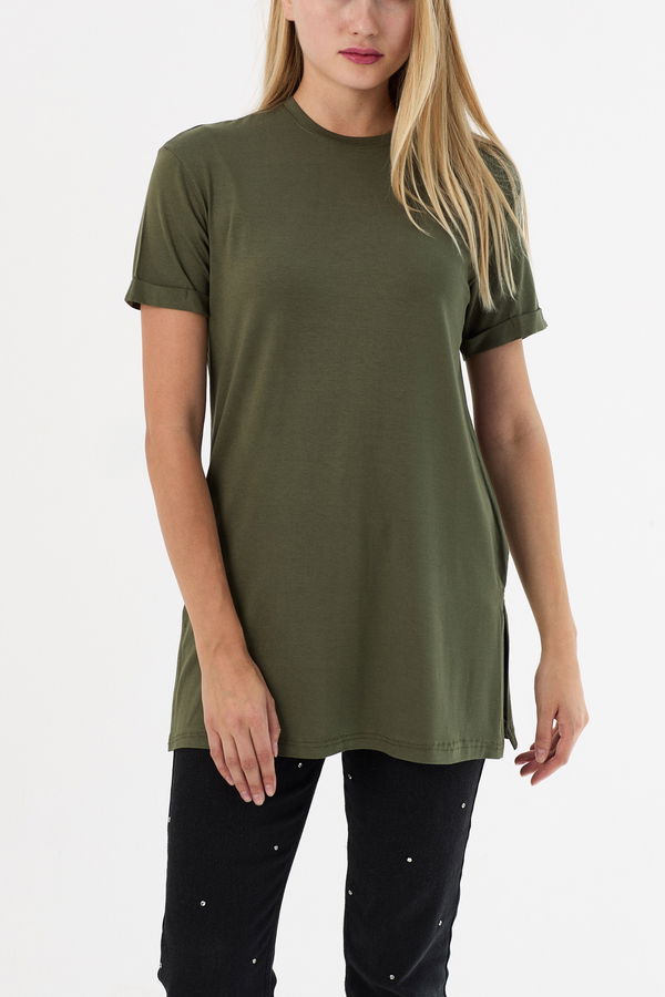 Düz Bisiklet Yaka Kadın Haki Basic T-shirt  - 10806