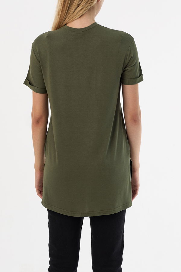 Düz Bisiklet Yaka Kadın Haki Basic T-shirt  - 10806