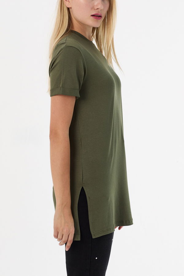 Düz Bisiklet Yaka Kadın Haki Basic T-shirt  - 10806