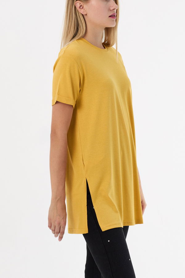 Düz Bisiklet Yaka Kadın Sarı Basic T-shirt  - 10806