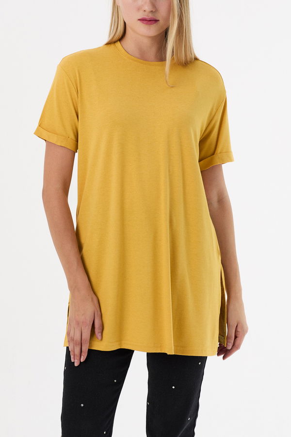 Düz Bisiklet Yaka Kadın Sarı Basic T-shirt  - 10806
