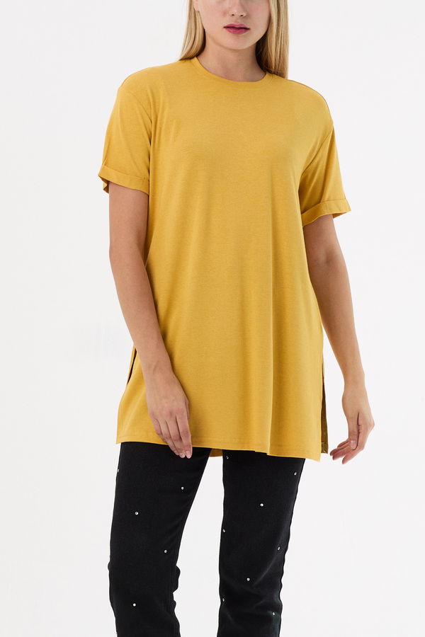 Düz Bisiklet Yaka Kadın Sarı Basic T-shirt  - 10806