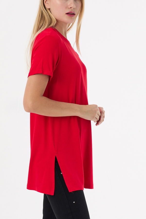 Düz Bisiklet Yaka Kadın Kırmızı Basic T-shirt  - 10806 Kırmızı