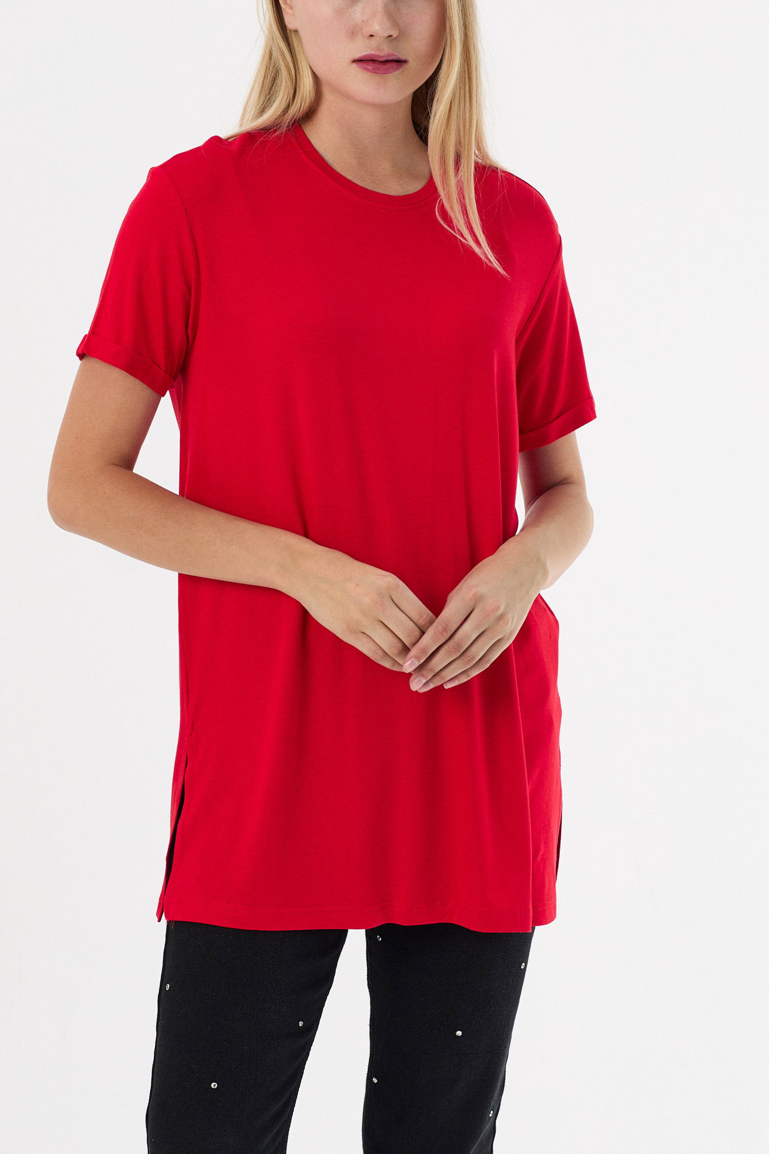 Düz Bisiklet Yaka Kadın Kırmızı Basic T-shirt  - 10806 Kırmızı