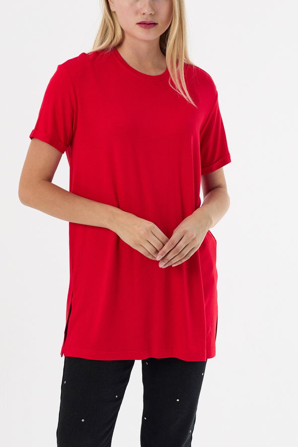 Düz Bisiklet Yaka Kadın Kırmızı Basic T-shirt  - 10806 Kırmızı