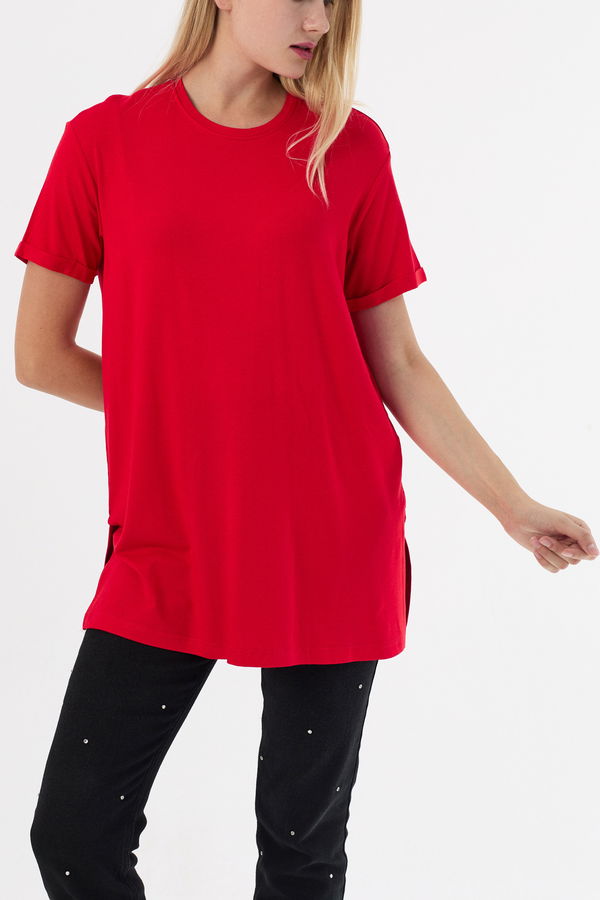 Düz Bisiklet Yaka Kadın Kırmızı Basic T-shirt  - 10806 Kırmızı