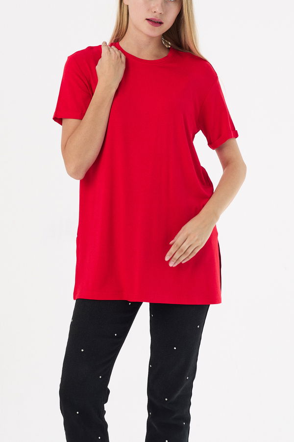 Düz Bisiklet Yaka Kadın Kırmızı Basic T-shirt  - 10806 Kırmızı