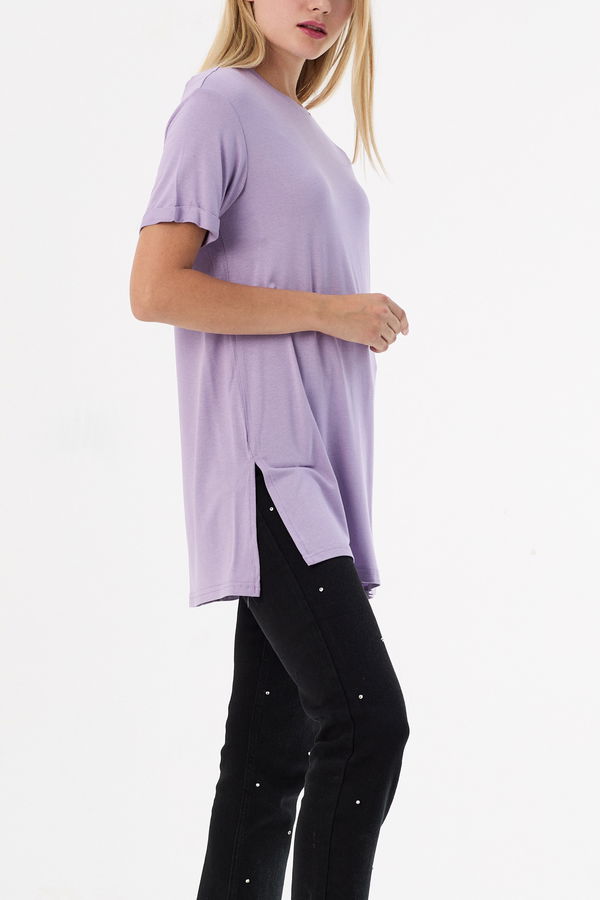 Düz Bisiklet Yaka Kadın Lila Basic T-shirt  - 10806