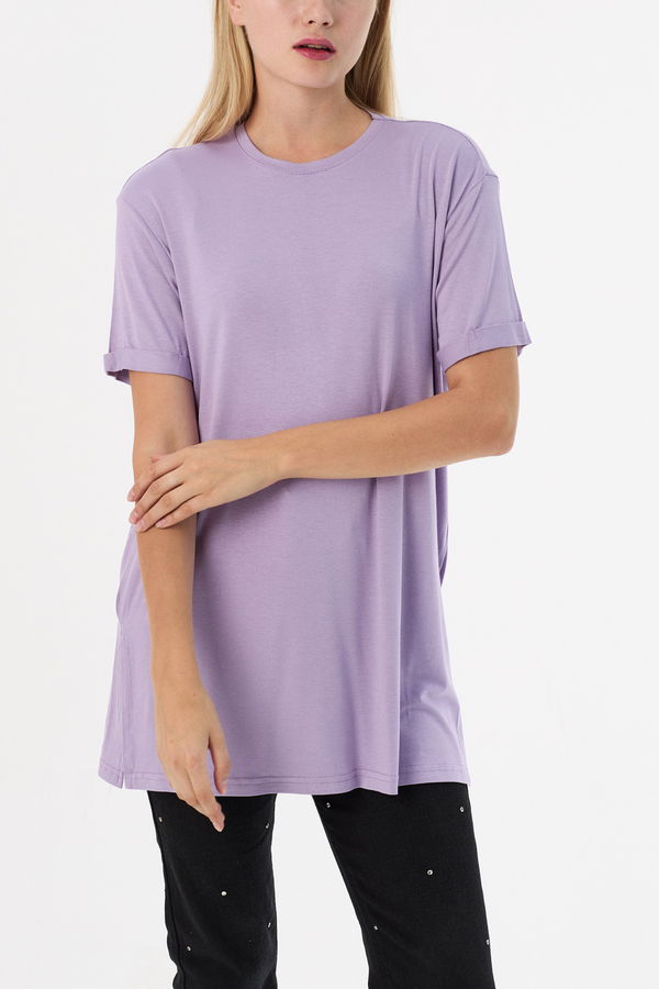 Düz Bisiklet Yaka Kadın Lila Basic T-shirt  - 10806