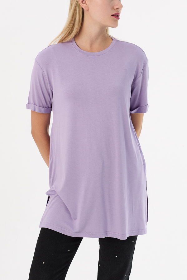 Düz Bisiklet Yaka Kadın Lila Basic T-shirt  - 10806