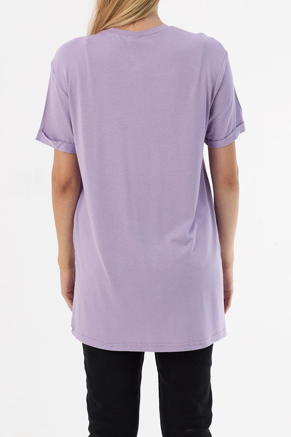Düz Bisiklet Yaka Kadın Lila Basic T-shirt  - 10806