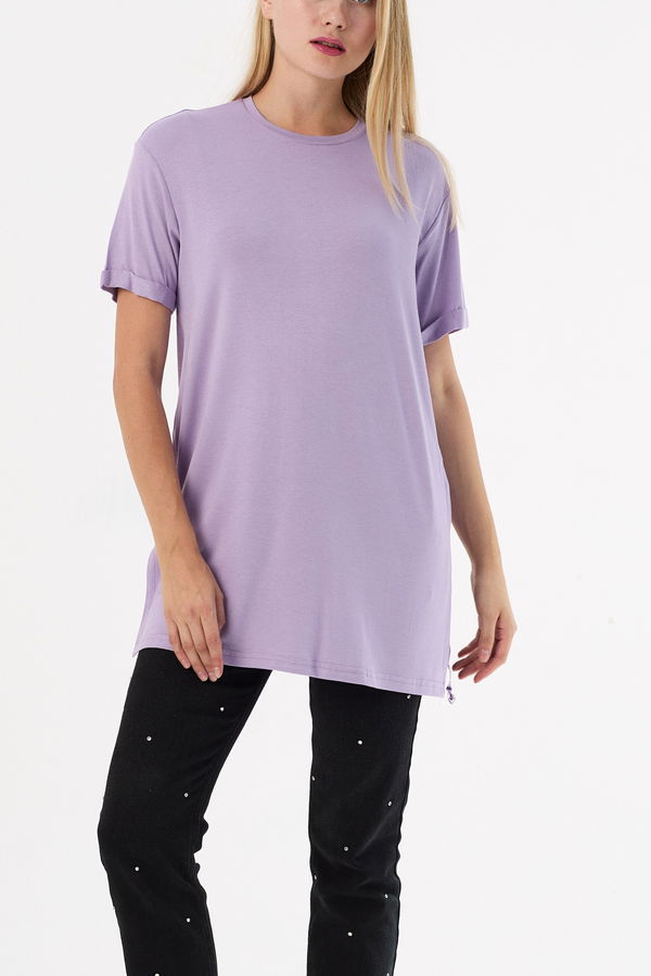 Düz Bisiklet Yaka Kadın Lila Basic T-shirt  - 10806