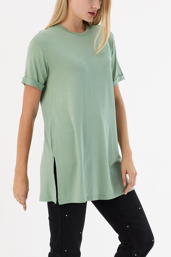 Düz Bisiklet Yaka Kadın Yeşil Basic T-shirt  - 10806 YEŞİL